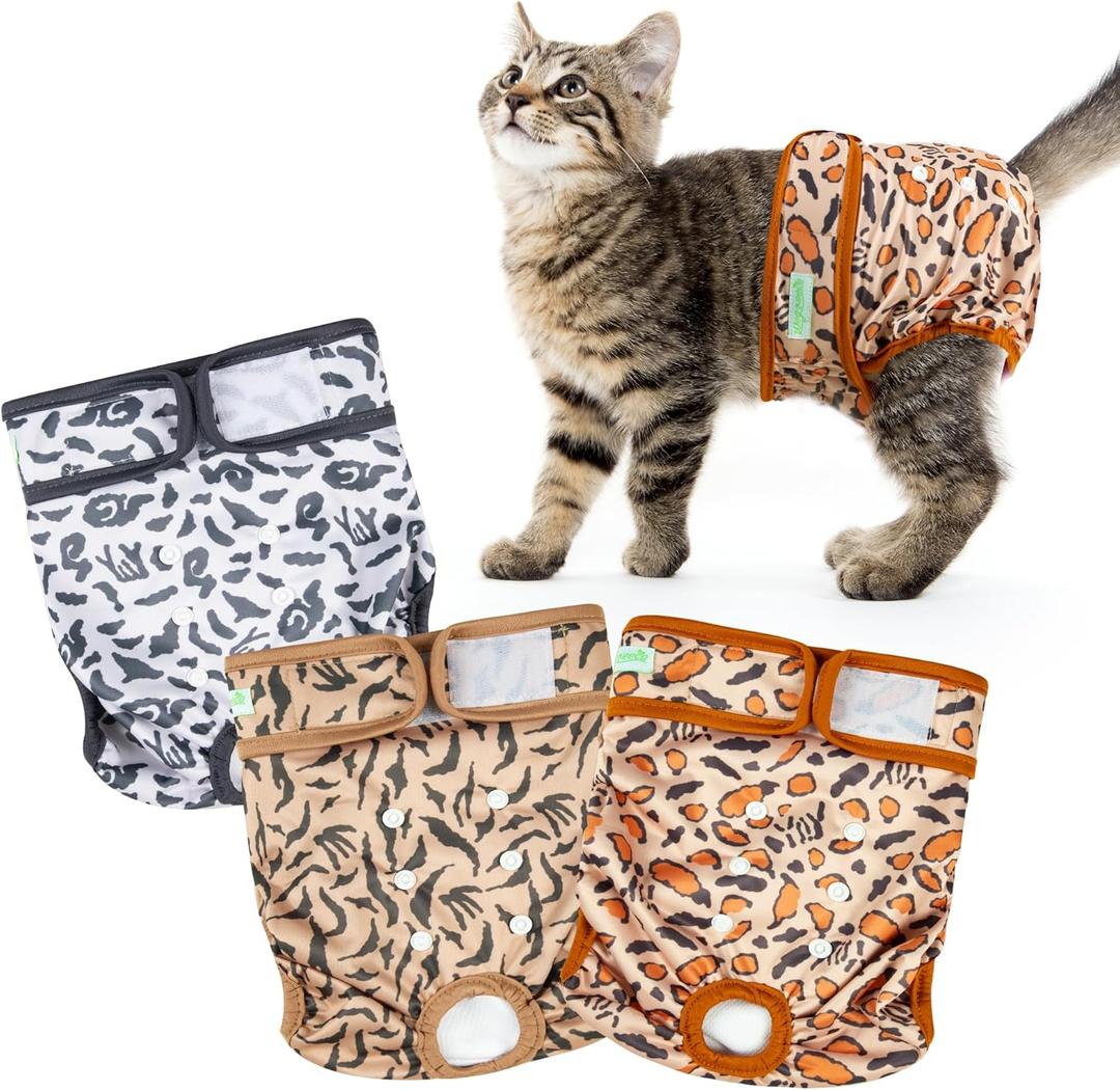 Wegreeco Cat Diapers, Cat Diapers for Male Female Cats Spraying Incontinence, Reusable Adjustable Highly Absorbent (3 Pack, Small) (Tiger Stripe)