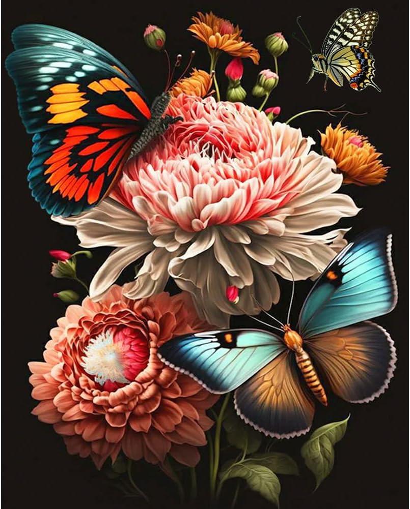 FHBUBPUP Flower Diamond Art Kits for Adults - Butterfly Diamond Painting Kits for Beginners, DIY ﻿Round Full Drill Diamond Dot Gem Art Crafts Home Wall Decor Gift 12×12Inch