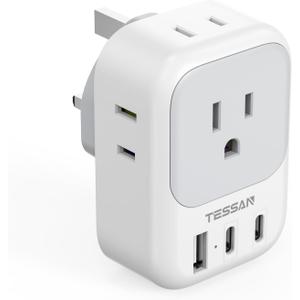 TESSAN US to UK Plug Adapter, Type G Travel Adaptor with 4 Electrical Outlets 3 USB Ports (2 USB C), Ireland Power Adapter for USA to England London Scotland Dubai Singapore Qatar Kenya British