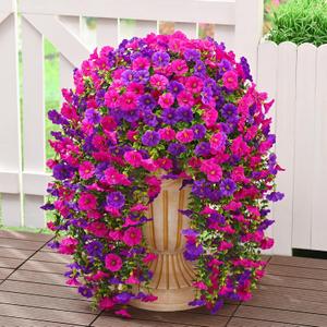 Dolicer 4 Packs Look Real Artificial Flowers for Outdoors, Fake Artificial Hanging Flowers for Outdoors Realistic UV Resistant Hanging Flowers Silk Petunia Faux Flowers for Porch Patio(Purple+Fuchsia)