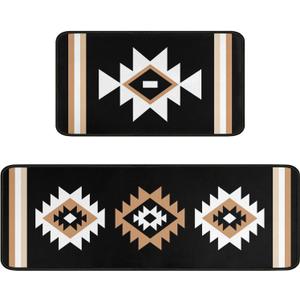 Black Boho Kitchen Rug Mat Decor Western Aztec Kitchen Rugs Sets of 2 Non-Slip Washable Kitchen Mats for Floor 2 Piece