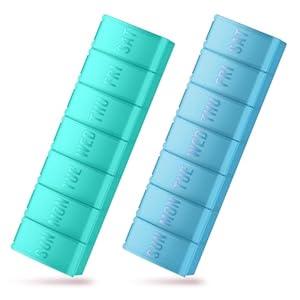 Large Pill Organizer 2 Pack, Easy-Open Weekly Pill Organizer, XL Daily Pill Organizers, 7 Day Medicine Pill Organziers, Medicine Box 7 Day for Large Vitamin Supplements ( Blue+Cyan)