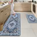 Arttown Kitchen Mats for Floor 2Pcs-Anti Fatigue Non Slip Mats for Kitchen Floor, Cushioned Waterproof & Stain-Resistant Boho Mat Set, Laundry Room, Office, Sink, Desk (Blue) (Blue/Brown/White)