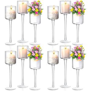 12 Pcs Glass Candle Holder Tall Tea Lights Candle Holder for Table Centerpiece Floating Hurricane Long Stem Pillar for Wedding Party Home Table Decor, 3 Sizes