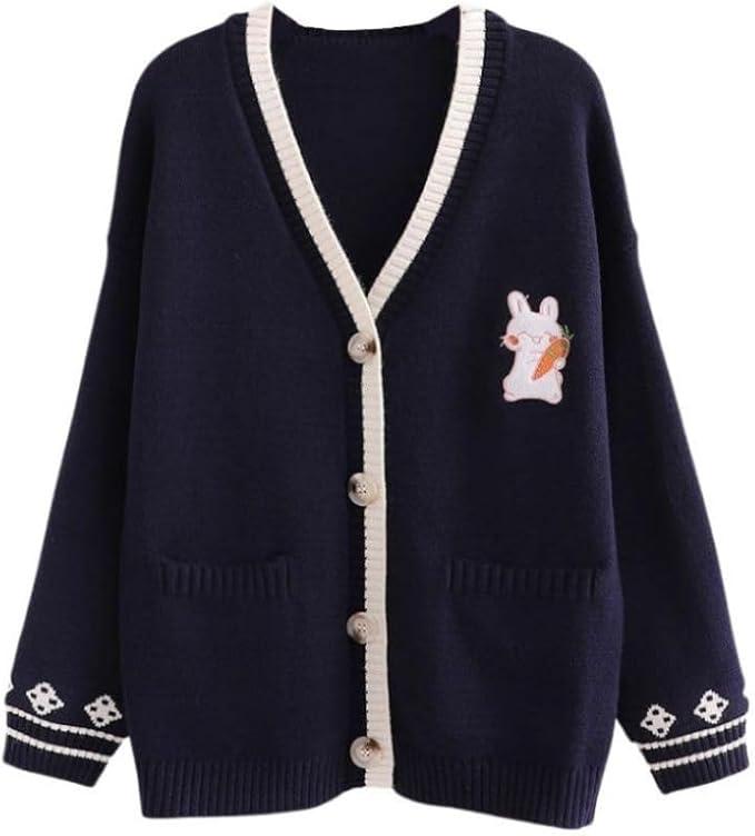 FindThy Women's Cute Rabbit Embroidered Cardigan Long Sleeve Pocketed Kawaii Cardigans Sweater (One Size, 02 Navy Blue)