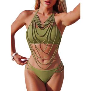 ZAFUL Women's Tassel Halter Bikini Set Metal Decor Cheeky Two Piece Swimsuit High Cut Bathing Suit (Green, S)
