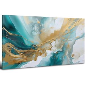 Extra Large Turquoise Wall Art Abstract Teal Wall Decor for Living Room Modern Marble Canvas Picture 30x60”, Watercolor Gold Fluid Texture Ink Painting Prints Poster Artwork Bedroom Decorations