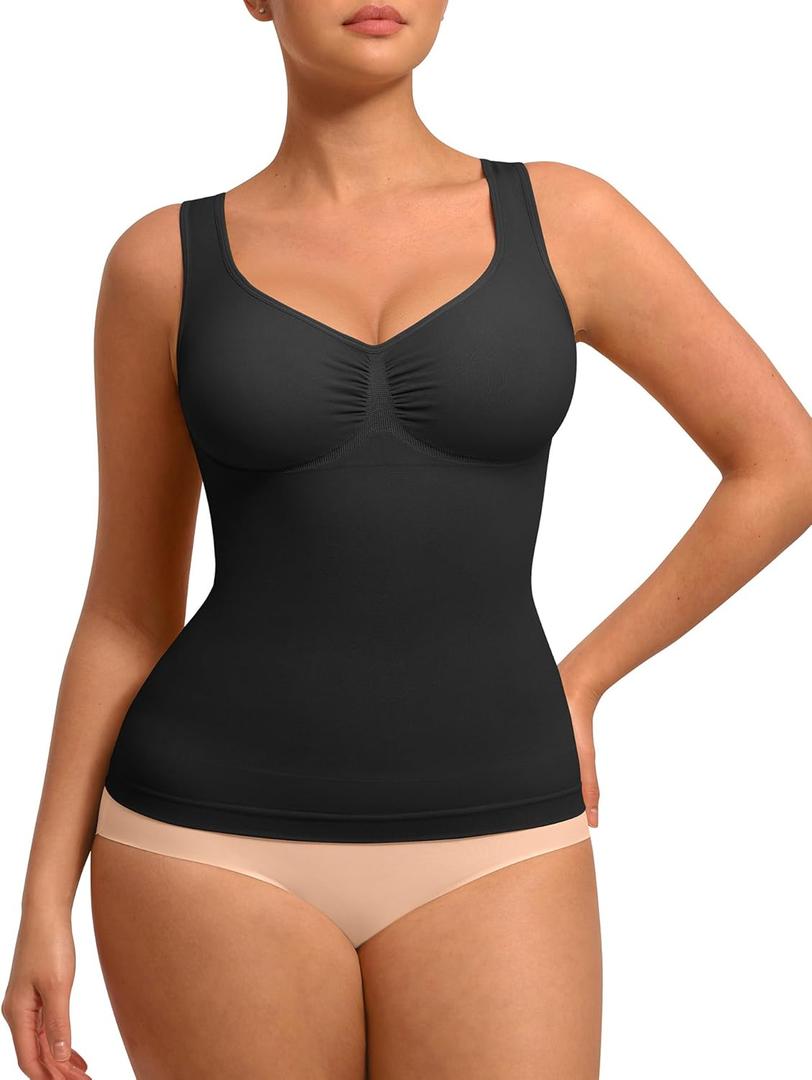 FeelinGirl Women Tank Tops Shapewear: Tummy Control Compression Tank V Neck Seamless Body Shaper Camisole Tops for Women (Large, Black)