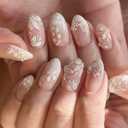 Flower Press on Nails Medium Almond Fake Nails Bridal Nails Press ons with White Floral,French Design,Full Cover Stick on Nails for Women Manicure,Reusable | Artificial | Easy Apply | 24Pcs