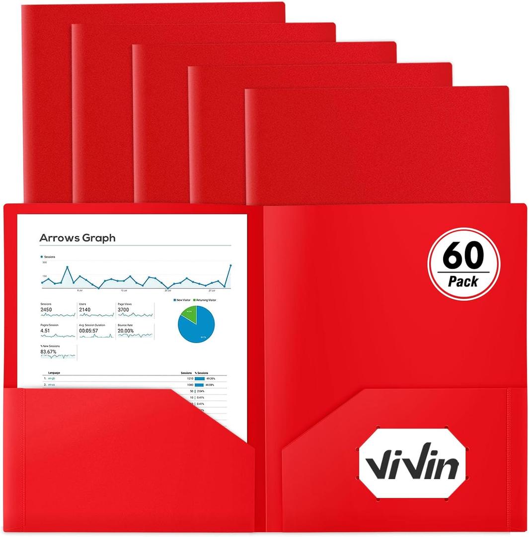 ViVin 60-Pack Red Plastic Folders with Pockets, Two Pocket Folders, Plastic Pocket Folders for School, Office and Home