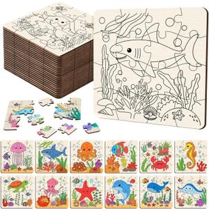24 Pack Under the Sea Color Your Own Wooden Jigsaw Puzzles for Kids Ocean Coloring Puzzles Bulk DIY Jigsaw Party Favors Gifts Exchange Classroom Activities Home Educational Game Toy