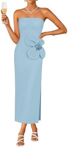ZESICA Women's Summer Strapless Bodycon Maxi Dress 2026 Ribbed Knit Backless Floral Tube Cocktail Party Long Dresses L
