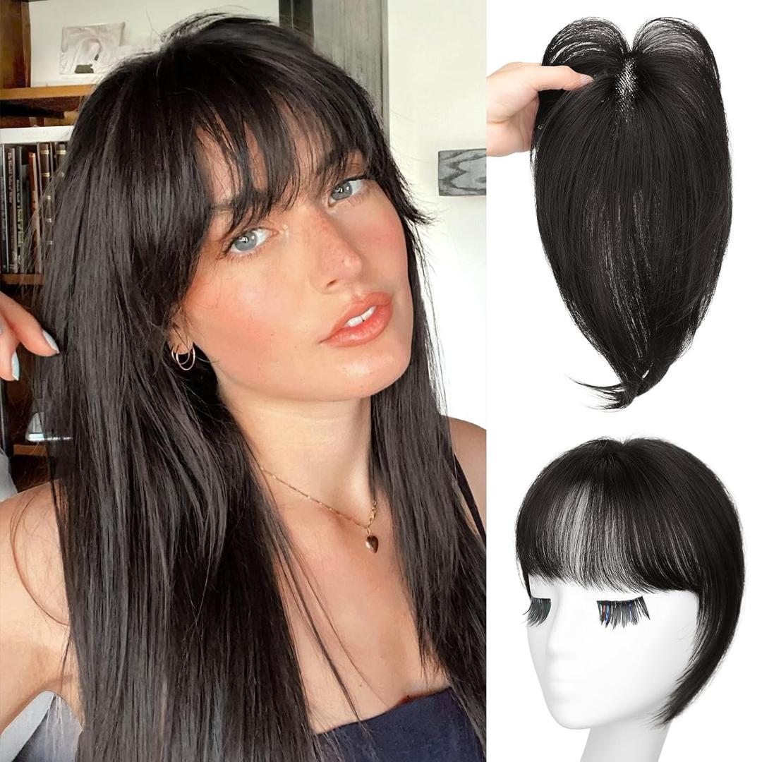 Women's Bangs Clip-on Topper - 3D Cover Clip Synthetic Fluffy Hair with Toppers for Thinning Hair Daily Use (Dark Brown)