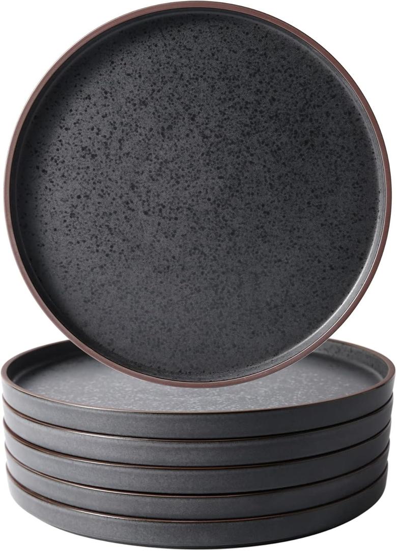 LERATIO Dinner Plates,Ceramic Dinner Plates Set of 6,10.75 inch Large ceramic plates,Modern Shape Dinnerware Dishes Set for Kitchen, Microwave & Dishwasher & Oven Safe-Coffee Rim (Roasted Sesame-Brown Rim)