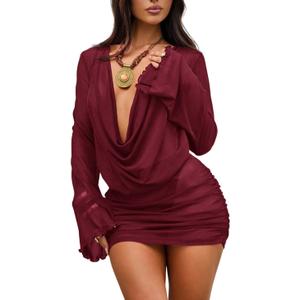 ZAFUL Womens Swimsuit Cover Up Dress Draped Neck Tie Waist Coverup Bathing Suit Mesh Swim Beach Dress (M)