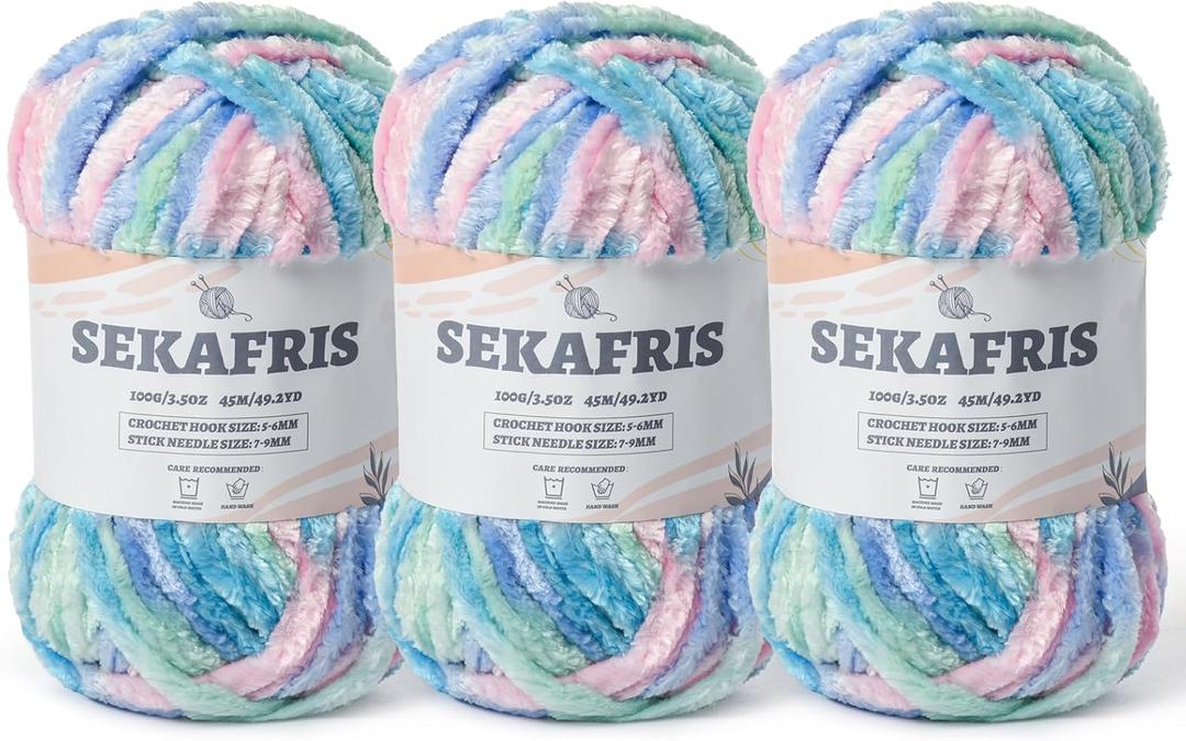 Fuzzy Chunky Chenille Yarn for CrochetingSoft Plush Yarns for Hand KnittingBulky 3x100g3x49.2 yd Baby Blanket Yarn for Crocheting AmigurumiCrochet Fluffy Velvet Yarns (Candy Floss)