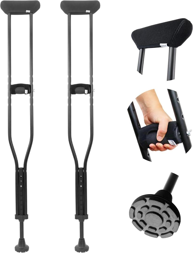 KMINA Underarm Crutches for Adults with Padded Handle (x2 Units, Size L), Height Adjustable, Women and Men, Aluminium, Made in Europe