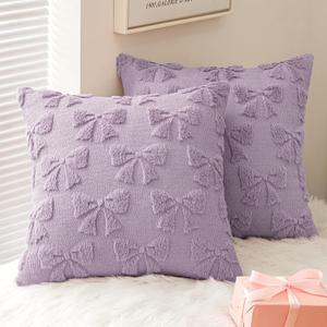 MIULEE Light Purple Bow Pillow Covers Coquette Room Decor Aesthetic Set of 2 Spring Decorative Cute Girl Soft Plush Faux Pillowcase for Preppy Room Bedroom Couch,18x18 Inch