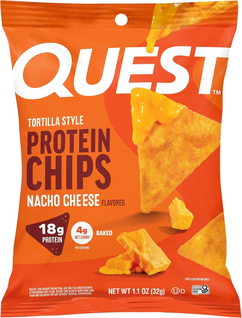 Quest Nutrition Nacho Cheese Tortilla Style Protein Chips, 18g Protein, 4g Net Carb, Low Carb, Gluten Free, 1.1 oz (Pack of 12) (EXP 11/02/26)