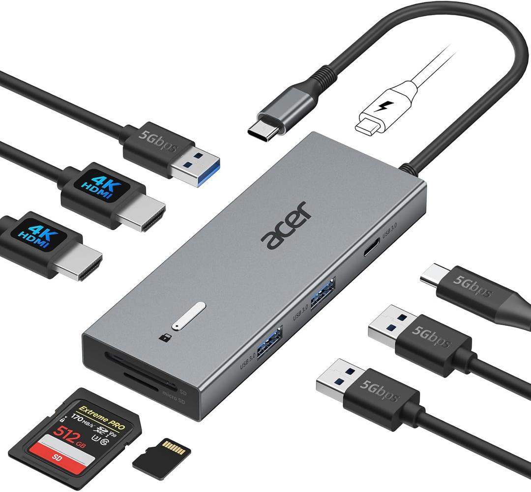 Acer USB C Docking Station Dual Monitor With 2 HDMI, 9-IN-1 Laptop Docking Station with 4K@60Hz HDMI, USB A&C 3.0, SD/Micro SD, 100W PD, USB C Dock Compatible with Acer/Dell XPS/HP/Mac/Surface (0.5FT)