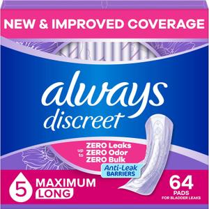 Always Discreet Adult Incontinence Pads for Women, Drier, 5 Drop Long Length, Heavy Absorbency, Pads for Bladder Control Management, Bladder Leaks, & Postpartum Pads, 64ct
