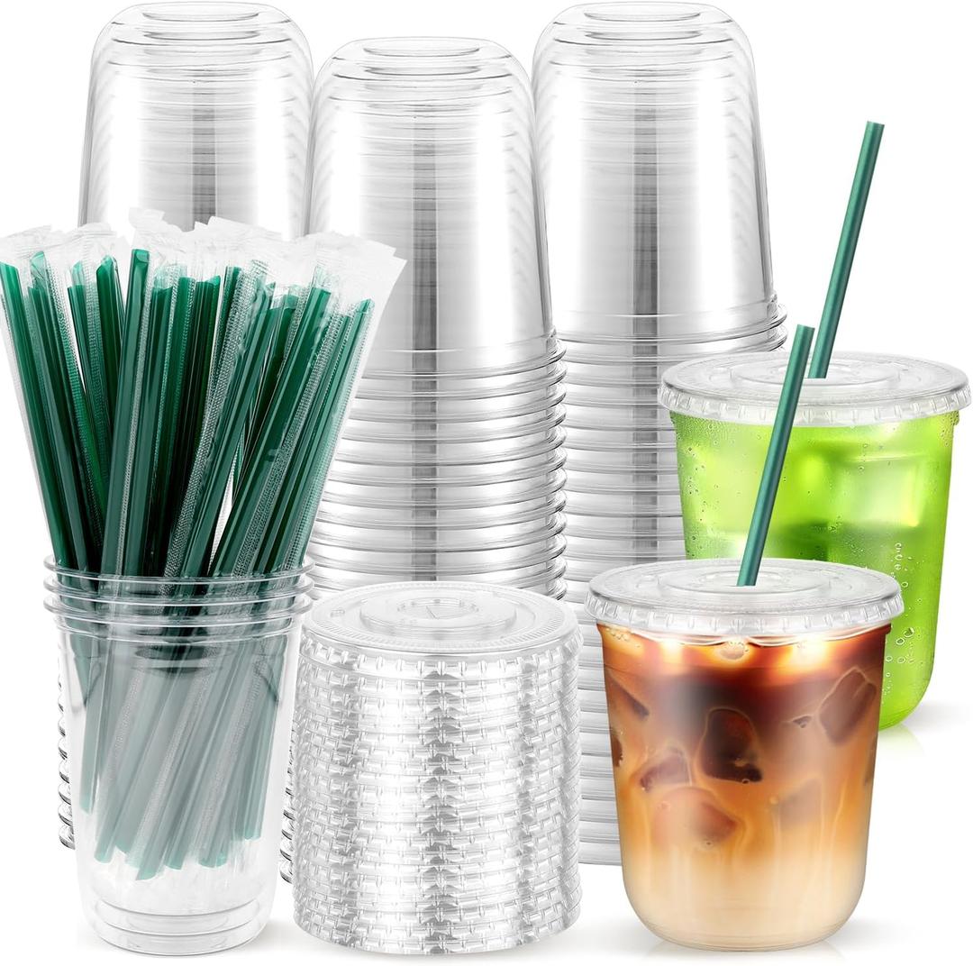 50PCS 12 oz Clear Plastic Cups with Lids and Dark Green Straws, Round Bottom Disposable To Go iced Coffee Cups, Small Bubble Tea Smoothie Cups for Drink Shops, Picnic, Valentine's Day, Party