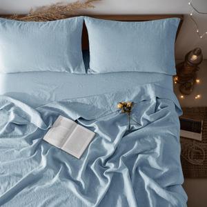LBRO2M 100% Linen Sheet Set 16" Deep Pocket King Size,Bed Sheets 4 Piece Sets,Solid Color Natural Flax Bed Sheets Soft Breathable Bedding, All Season (King, Light Blue)