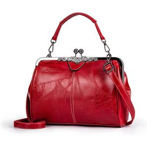 Women Vintage Hollow Handbag Oil Leather Shoulder Crossbody Bag Clutch Satchel Purse with Kiss Lock Closure (Wine Red)