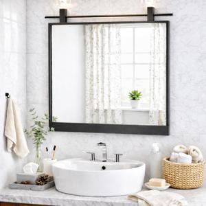 Black Farmhouse Bathroom Mirror - 24" x 24" Wall Mounted Mirrors Rectangle Metal Framed, Barn Door Farmhouse Vanity Mirror for Bathroom Bedroom Entryway Home Decor