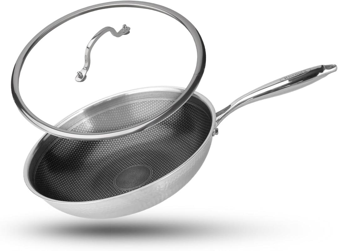 Hybrid Wok, 13 inch Wok with lid,Stainless Steel woks & Stir-fry pans Non Stick, PFOA Free Cookware, Dishwasher and Oven Safe, Compatible With Induction