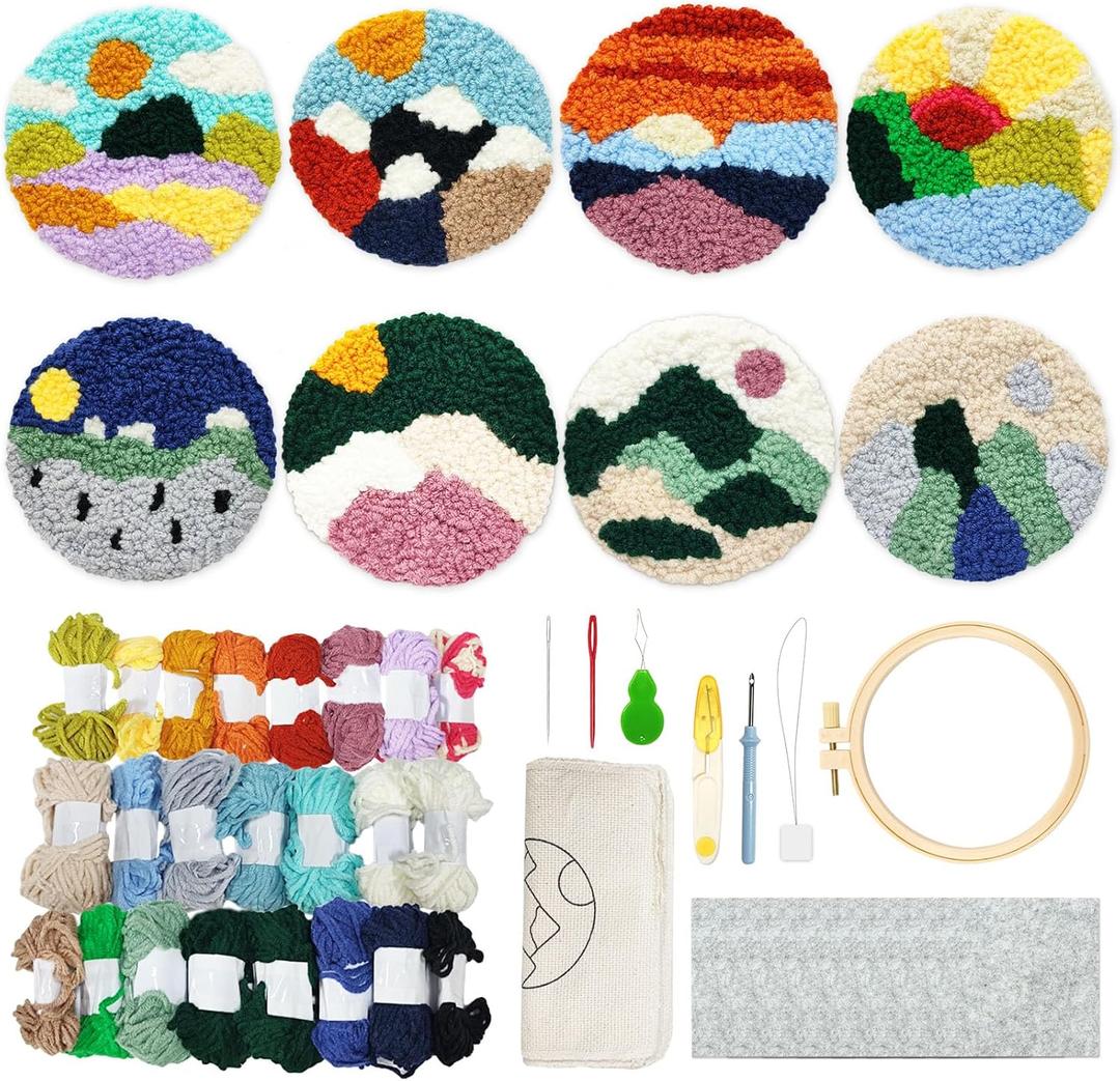 Soleeya Punch Needle Kits Adults Beginner 8 Pcs Punch Needle Coaster Kit Landscape Patterns Stitching Punch Embroidery Including Yarn Hoop Needle, Rug Tufting Coaster DIY Craft Gifts
