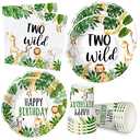 HIPVVILD Jungle Animal Theme Two Wild Birthday Plates And Napkins Party Supplies - Safari Party Decorations For 2-Year-Old Birthday, Plate, Cup, Napkin | Serve 24