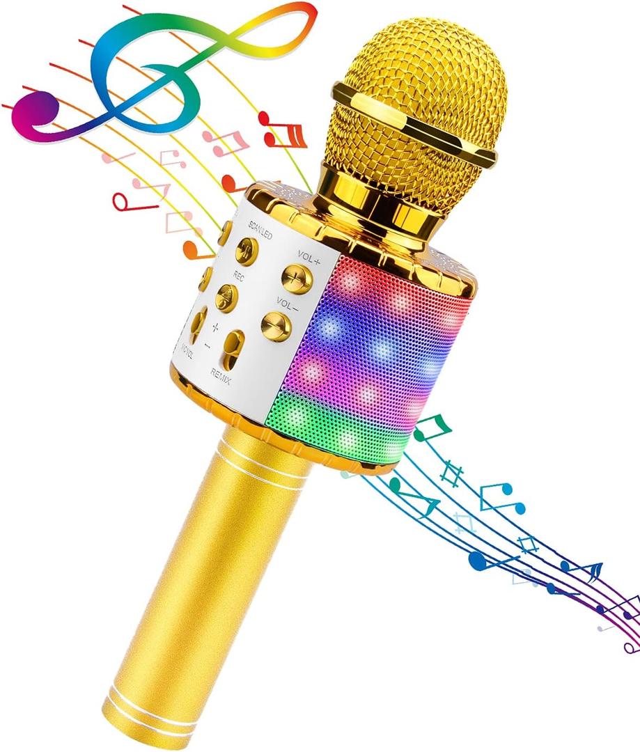BlueFire 4 in 1 Karaoke Wireless Microphone with LED Lights, Portable Microphone for Kids, Great Gifts Toys for Kids, Girls, Boys and Adults (Gold)