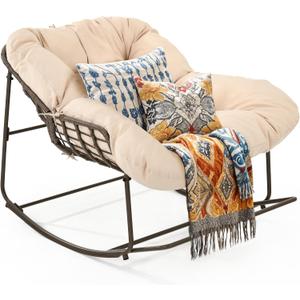 YITAHOME Rocking Papasan Chair, Wide Rocking Chair, Comfy Indoor and Outdoor Lounge Chair with Thick Cushion for Bedroom, Living Room, Patio, Porch, Garden, Deck, Lawn (Beige)