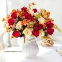 LESING Artificial Fake Flowers with Vase Silk Artificial Roses Wedding Flowers Bouquets Home Office Party Meeting Room Decoration (Red-1)