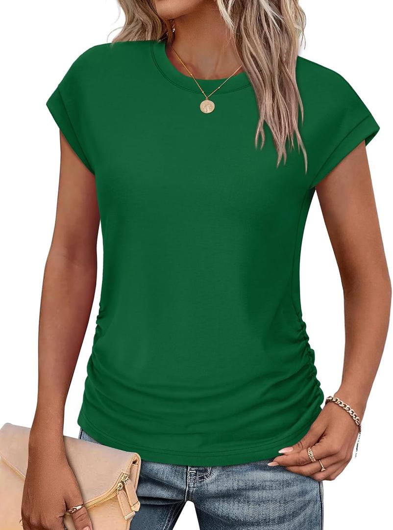SAMPEEL Womens Summer Tops Trendy 2025 Ruched Cap Short Sleeve Tshirts Shirts Crew Neck T Shirts Fashion, Medium