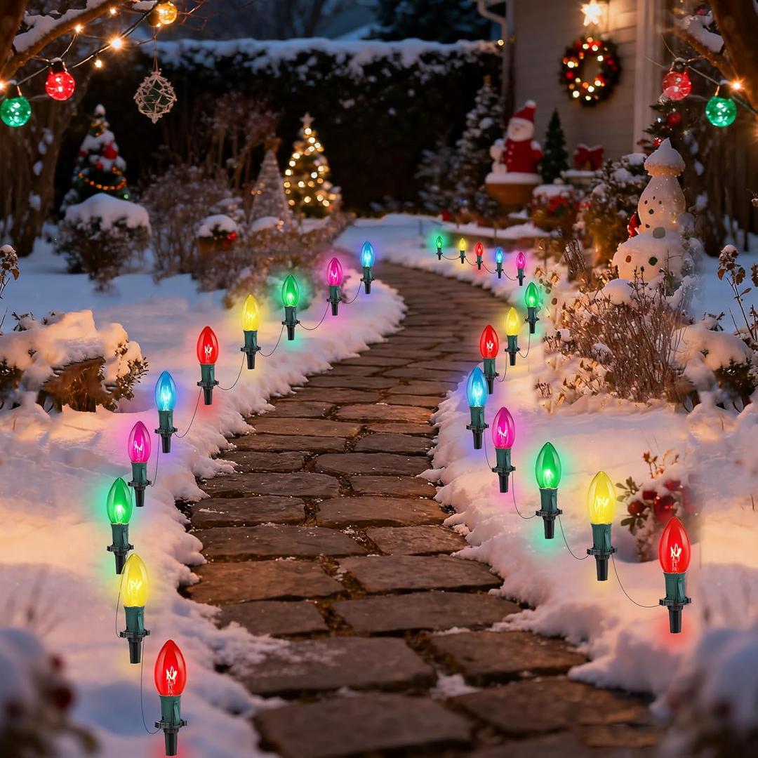 C9 Christmas Pathway Lights Outdoor, 38Ft Outdoor Christmas Decorations with 25 C9 Multicolor Bulbs Marker Stakes Light, Connectable Walkway Lights for Outside Yard Lawn Sidewalk Garden