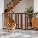 Dog Gate Indoor, Freestanding Dog Fence for The House, Doorways, Hallways,or Stairs,Pet Gate Foldable Wooden,Expandable 32" Height 4 Panels,Brown