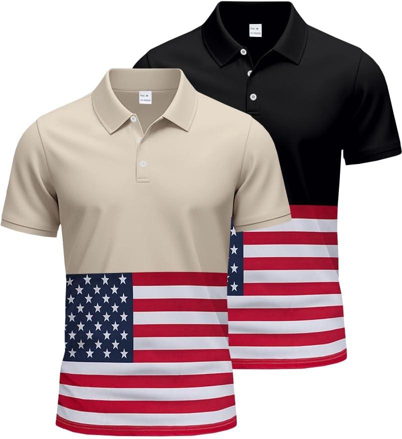 Golf Shirts for Men 2 Pack Print American Flag Short Sleeve Dry Fit Moisture Wicking Performance Polo Shirts (XXXL)