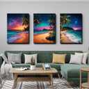 Sunset Ocean Canvas Wall Art Tropical Beach Prints Painting Palm Coconut Tree Natural Landscape 3 Panels Framed Coastal Artwork for Bathroom Living Room Bedroom Decor 16"x24"x3pcs
