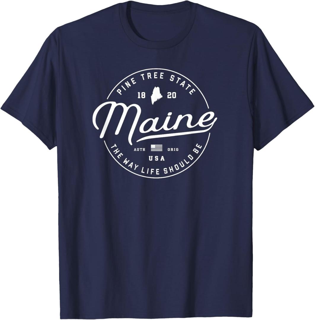 Maine T-Shirt, US State Travel Vacation Shirts ME USA Tees T-Shirt (Small, Navy Blue)