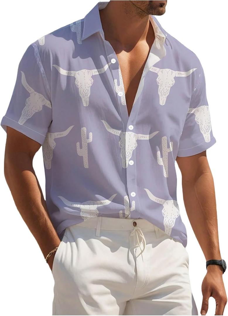 WDIRARA Men's Cow Print Button Front Summer Casual Shirts Colorblock Short Sleeve Collared Neck Shirts