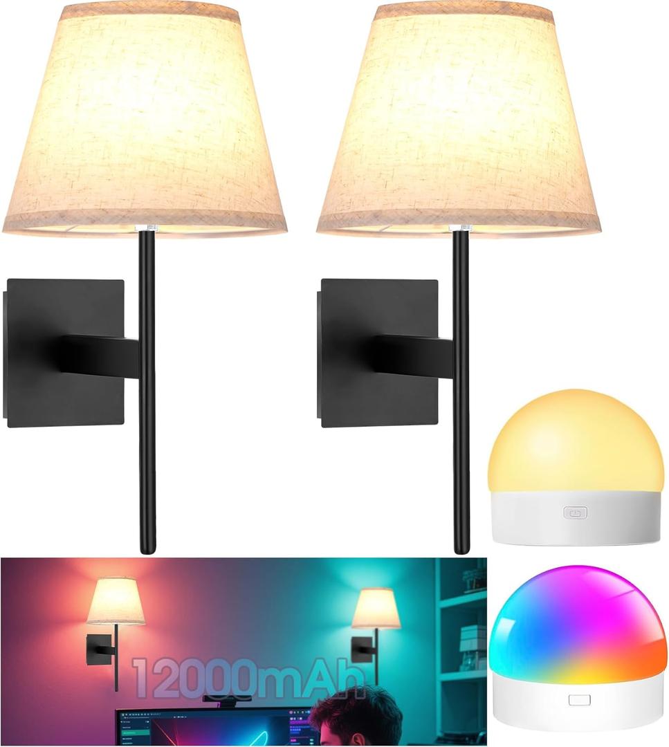 Battery Operated Wall Sconces Set of Two, 12000mAh Wireless Rechargeable Battery Wall Lights with Remote, Magnetic bulbs 15 Colors, Cordless Dimmable Wall Lamp for Hallway, Bedroom, Living Room, Decor (Black-2pack)