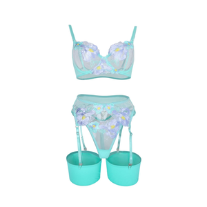 Lilosy Sexy Leaf Floral Embroidered Mesh Sheer Women Underwire Push Up Lingerie Set, M