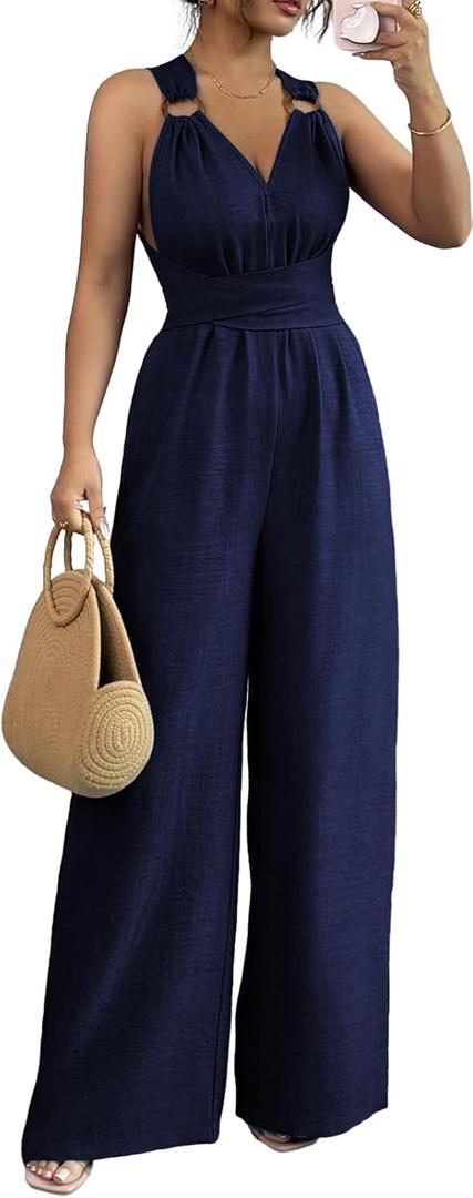 sexycherry Jumpsuit for Women Dressy Sleeveless Wide Leg Long Pants Rompers Party Elegant Summer Outfits, M