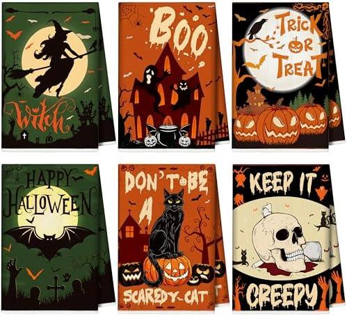 Eternity sky 6Pcs Halloween Kitchen Hand Towels：Ghost Trick or Treat Pumpkin Cat Bat Skull Tea Towel Dish Set Decorations for Holiday Bathroom Decor