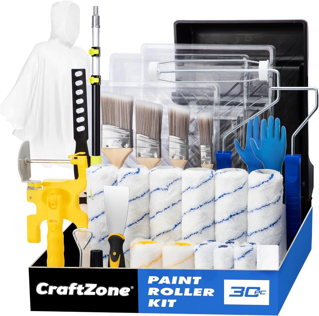 30PCS Paint Roller Kit with Extension Pole-2 to 4 FT,Wall Painting Supplies with Paint Edger Roller Brush 12",House Painting Set with Rainsuit & Drop Cloth for Home|Office|Shop Professional Painting