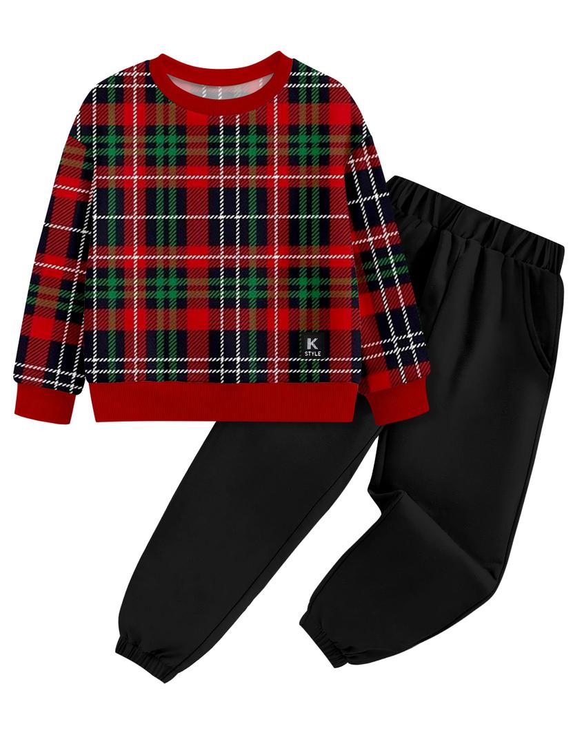 TALLWH Toddler Boy Christmas Outfit 2-3T Merry Christmas Outfit Boys Long Sleeve Striped Pullover Sweatshirts Jogger Pants Set Red and Green Contrast Plaid Party Clothes for Toddler Boys (Red)