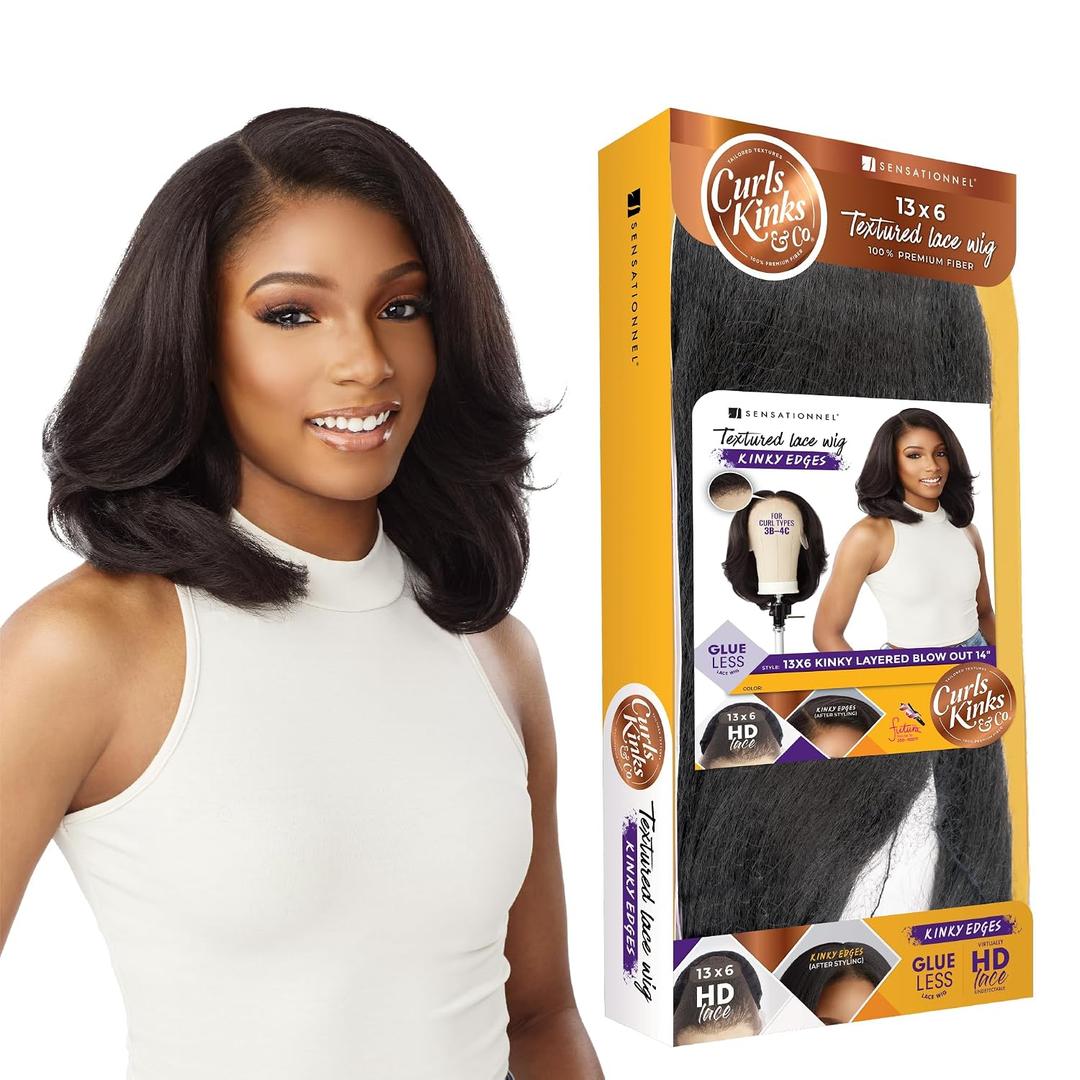 Sensationnel Curls Kinksandco Kinkyedges Wig - Kinky Layered Blow Out 14 Inch 13X6 Lace Frontal Natural Kinkytexture Edged Hairline for Natural 3C to 4C Hair Textures (1B OFFBLACK)