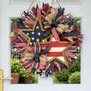 15.7 Inch Patriotic Wreaths for Front Door, 4th of July Outdoor Decorations, Red White and Blue Weather, Handcrafted Memorial Day Wreaths, Festival Celebration USA Flag Printed Wreath